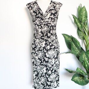 Ralph Lauren Black & White Faux Wrap V-neck Slim Fit Midi Sheath Dress Size 2
